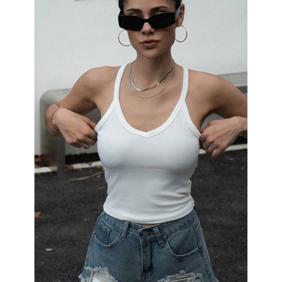 White Ribbed Tank Top Racerback V-Neck Slim Fit Stretchy Basic - Picture 13 of 15